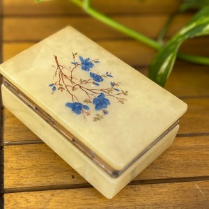 Vintage Alabaster Blue Flower Print Trinket Box Italy